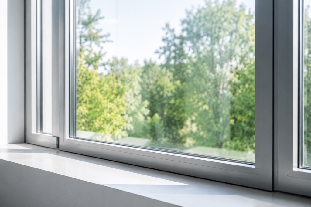 Streifenfrei geputzte Fensterscheibe, dahinter unscharfes Grün von Bäumen