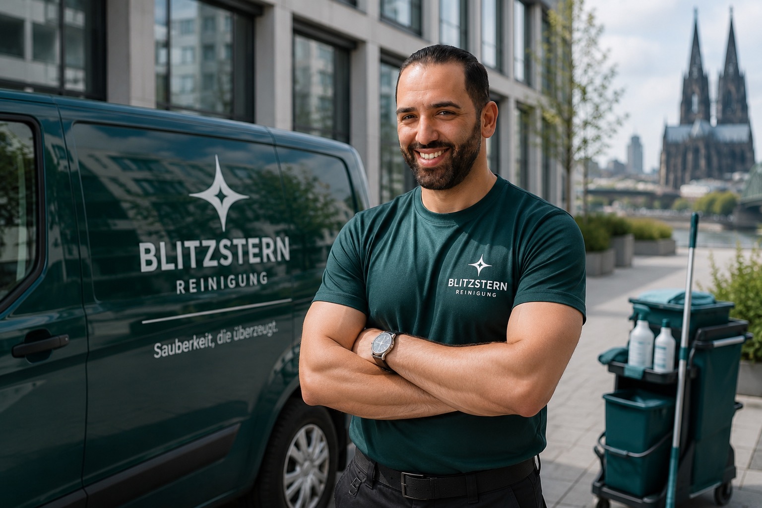 Baris Ölmez, Inhaber von Blitzstern Reinigung, vor dem Firmenwagen mit dem Kölner Dom im Hintergrund